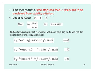 • This means that a time step less than 7.724 s has to be
employed from stability criterion.
• Let us choose: ∆τ 5 s
Then, Fo
α ∆τ.
∆ x( )
2
i.e. Fo 0.1563=
Substituting all relevant numerical values in eqn. (a) to (f), we get the
explicit difference equations as:
Aug. 2016 MT/SJEC/M.Tech. 34
T 0
i 1
0.353T 0
i. 0.1563 2 T 1
i. 71.429. .....(a)
T 1
i 1
0.1563 T 0
i
T 2
i. 0.688T 1
i. 11.161 ...(b)
T 2
i 1
0.1563 T 1
i
T 3
i. 0.688T 2
i. 11.161 ...(c)
 