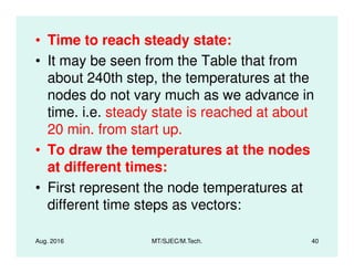• Time to reach steady state:
• It may be seen from the Table that from
about 240th step, the temperatures at the
nodes do not vary much as we advance in
time. i.e. steady state is reached at about
20 min. from start up.
Aug. 2016 MT/SJEC/M.Tech. 40
20 min. from start up.
• To draw the temperatures at the nodes
at different times:
• First represent the node temperatures at
different time steps as vectors:
 