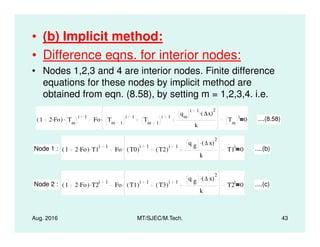 • (b) Implicit method:
• Difference eqns. for interior nodes:
• Nodes 1,2,3 and 4 are interior nodes. Finite difference
equations for these nodes by implicit method are
obtained from eqn. (8.58), by setting m = 1,2,3,4. i.e.
1 2 Fo.( ) Tm
i 1. Fo Tm 1
i 1
Tm 1
i 1
qm
i 1
∆x( )
2
.
k
. Tm
i
0 ....(8.58)
Aug. 2016 MT/SJEC/M.Tech. 43
m m 1 m 1
k m
Node 1 : 1 2 Fo.( ) T1
i 1. Fo T0( )
i 1
T2( )
i 1
q g ∆ x( )
2
.
k
. T1
i
0 ....(b)
Node 2 : 1 2 Fo.( ) T2
i 1. Fo T1( )
i 1
T3( )
i 1
q g ∆ x( )
2.
k
. T2
i
0 ....(c)
 