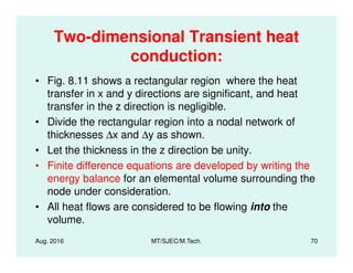 Two-dimensional Transient heat
conduction:
• Fig. 8.11 shows a rectangular region where the heat
transfer in x and y directions are significant, and heat
transfer in the z direction is negligible.
• Divide the rectangular region into a nodal network of
thicknesses ∆x and ∆y as shown.
Aug. 2016 MT/SJEC/M.Tech. 70
thicknesses ∆x and ∆y as shown.
• Let the thickness in the z direction be unity.
• Finite difference equations are developed by writing the
energy balance for an elemental volume surrounding the
node under consideration.
• All heat flows are considered to be flowing into the
volume.
 