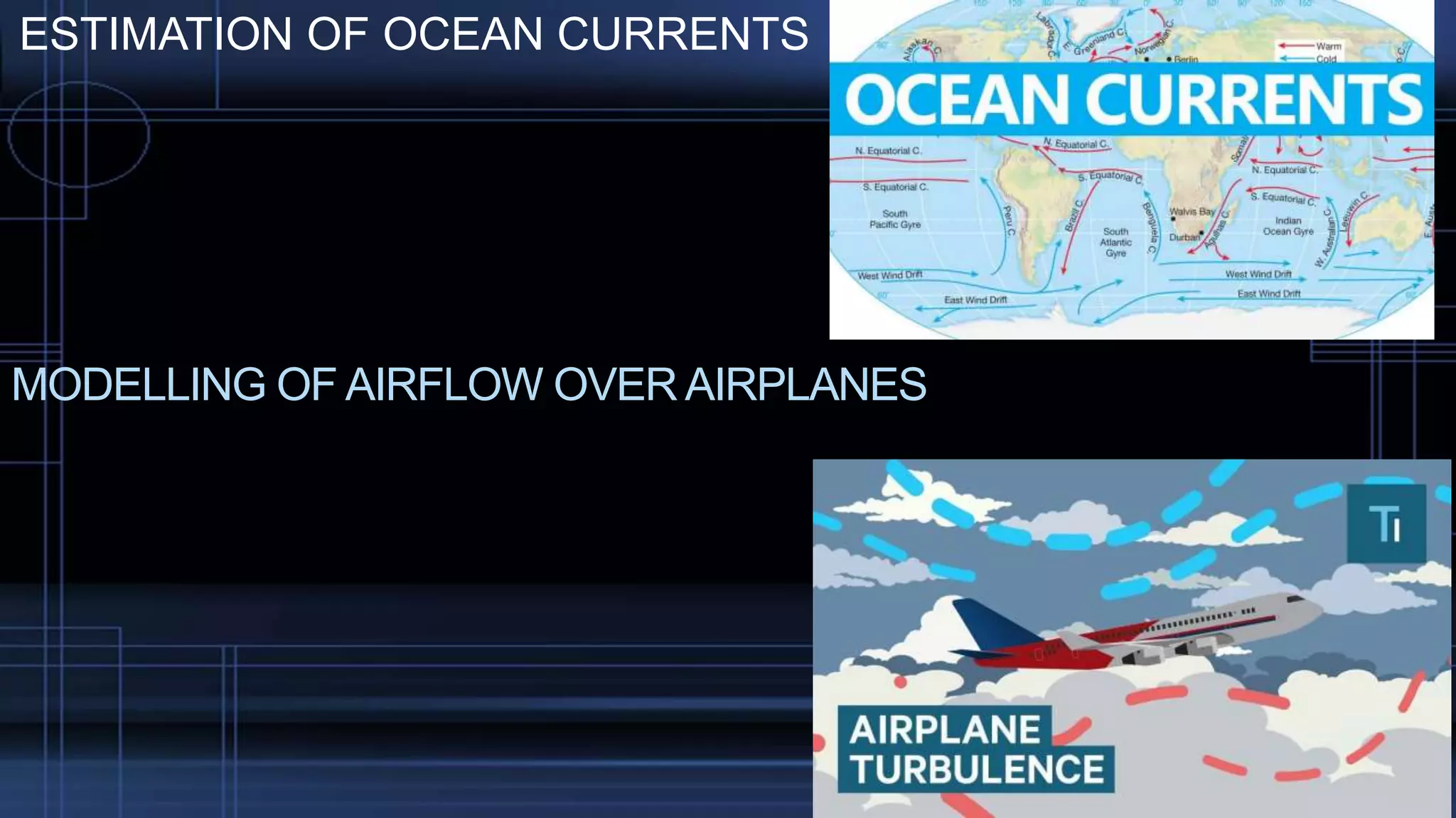 MODELLING OF AIRFLOW OVER AIRPLANES
ESTIMATION OF OCEAN CURRENTS
 