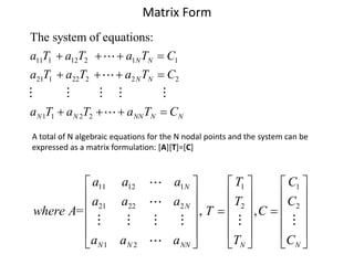 Matrix Form
The system of equations:
a11T1  a12T2   a1N TN  C1
a21T1  a22T2 

 a2 N TN  C2

a N 1T1  a N 2T2 

 a NN TN  CN

A total of N algebraic equations for the N nodal points and the system can be
expressed as a matrix formulation: [A][T]=[C]

 a11 a12
a
a22
21
where A= 


aN 1 aN 2

a1N 
 T1 
 C1 
T 
C 
a2 N 
 , T   2  ,C   2 

 
 

 
 
aNN 
TN 
C N 

 