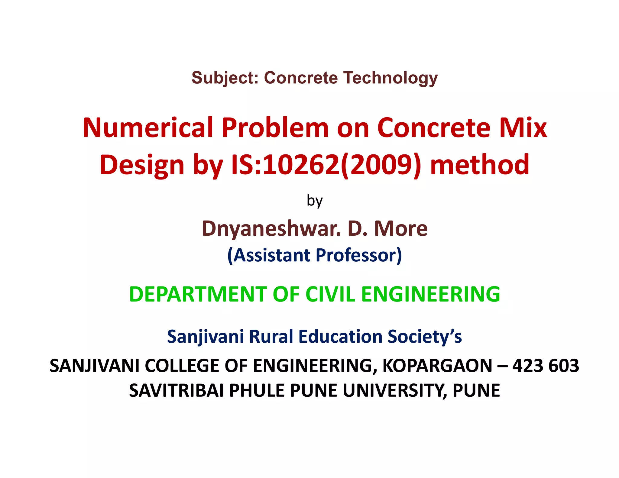 Numerical problem on concrete mix design by is 10262(2009) method PPT
