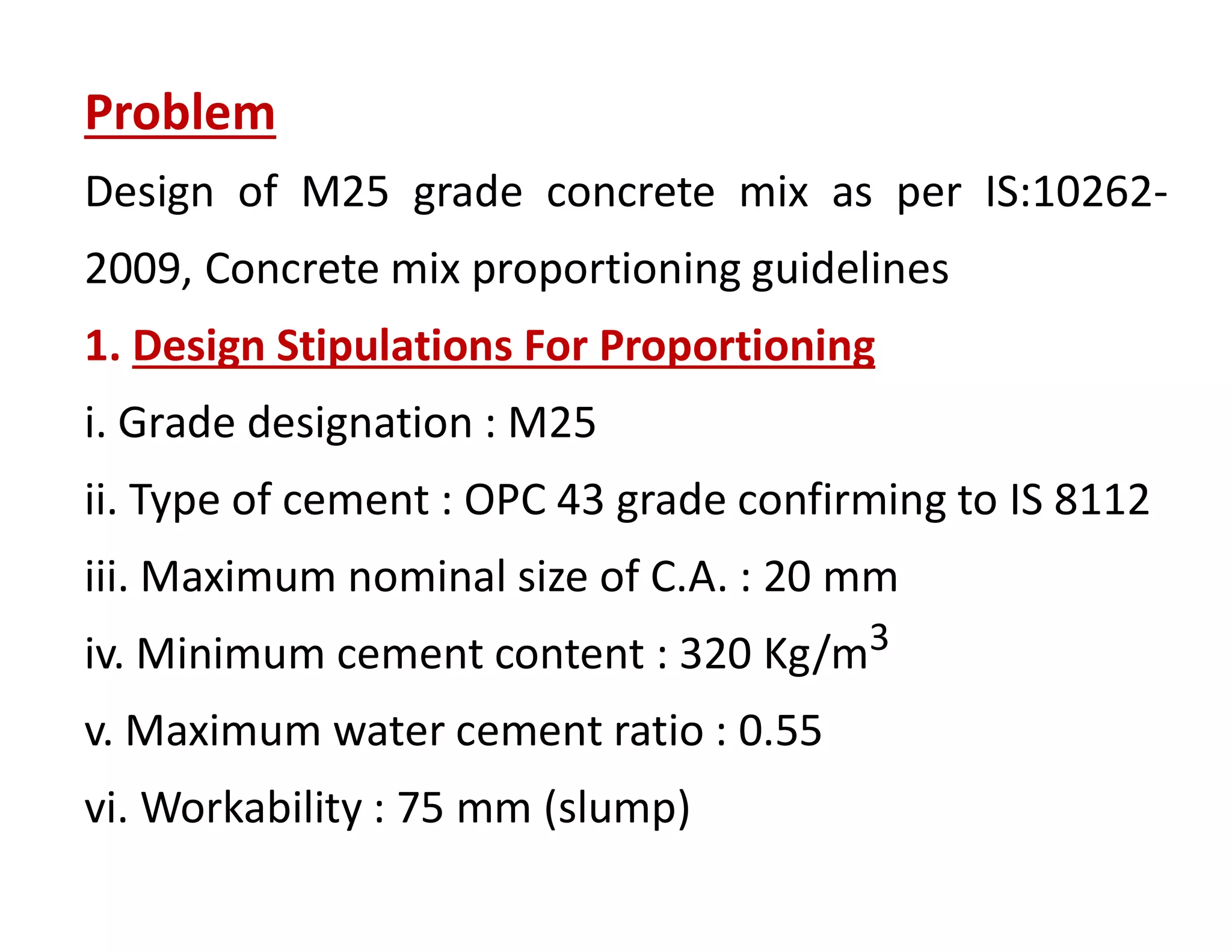Numerical problem on concrete mix design by is 10262(2009) method PPT