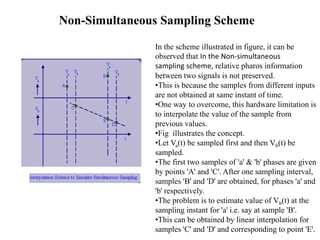 Non-Simultaneous Sampling Scheme
In the scheme illustrated in figure, it can be
observed that In the Non-simultaneous
sampling scheme, relative pharos information
between two signals is not preserved.
•This is because the samples from different inputs
are not obtained at same instant of time.
•One way to overcome, this hardware limitation is
to interpolate the value of the sample from
previous values.
•Fig illustrates the concept.
•Let Va(t) be sampled first and then Vb(t) be
sampled.
•The first two samples of 'a' & 'b' phases are given
by points 'A' and 'C'. After one sampling interval,
samples 'B' and 'D' are obtained, for phases 'a' and
'b' respectively.
•The problem is to estimate value of Vb(t) at the
sampling instant for 'a' i.e. say at sample 'B'.
•This can be obtained by linear interpolation for
samples 'C' and 'D' and corresponding to point 'E'.
 