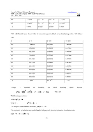 Journal of Natural Sciences Research                                                              www.iiste.org
ISSN 2224-3186 (Paper) ISSN 2225-0921 (Online)
Vol.2, No.4, 2012

0.8                       2.1 x 100           2.1 x 100           3.9 x 10-3      2.2 x 10-7

0.9                       9.1 x 10-1          9.1 x 10-1          6.1 x 10-3      4.5 x 10-8

1.0                       0.0000              0.0000              0.0000          0.0000



Table 4: Different h-values chosen within the horizontal segments of the h-curves for all x range when c=10, 100 and

1000.

X                             C=10                          C=100                              C=1000

0.0                           1.000000                      1.000000                           1.000000

0.1                           3.500000                      6.100000                           0.649000

0.2                           9.445000                      0.983000                           0.098800

0.3                           2.684000                      0.277000                           0.027800

0.4                           0.964900                      0.099000                           0.009900

0.5                           0.383500                      0.039000                           0.003930

0.6                           0.155400                      0.015800                           0.001580

0.7                           0.059500                      0.006000                           0.000600

0.8                           0.018900                      0.001900                           0.000193

0.9                           0.003500                      0.000350                           0.000036

1.0                           1 x 10-9                      1 x 10-9                           1 x 10-9



Example        2:     Consider         the    following         non      linear    boundary          –value       problem:




With boundary conditions

Y(0) = 1

Y(1) = 1 + e

The analytical solution for this problem is

This problem is solve by the same method applied in Example 1, therefore its iteration formulation reads:




                                                           58
 