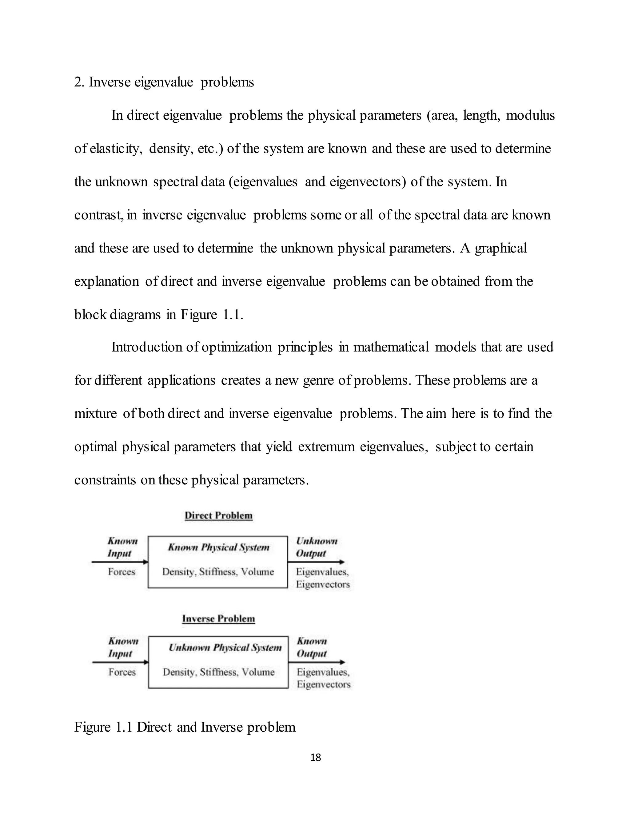 18
2. Inverse eigenvalue problems
In direct eigenvalue problems the physical parameters (area, length, modulus
of elasticity, density, etc.) of the system are known and these are used to determine
the unknown spectraldata (eigenvalues and eigenvectors) of the system. In
contrast, in inverse eigenvalue problems some or all of the spectral data are known
and these are used to determine the unknown physical parameters. A graphical
explanation of direct and inverse eigenvalue problems can be obtained from the
block diagrams in Figure 1.1.
Introduction of optimization principles in mathematical models that are used
for different applications creates a new genre of problems. These problems are a
mixture of both direct and inverse eigenvalue problems. The aim here is to find the
optimal physical parameters that yield extremum eigenvalues, subject to certain
constraints on these physical parameters.
Figure 1.1 Direct and Inverse problem
 