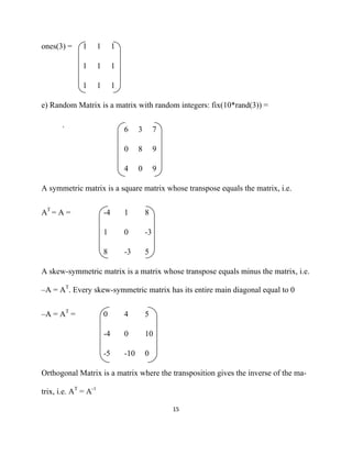 ones(3) =     1       1        1

              1       1        1

              1       1        1

e) Random Matrix is a matrix with random integers: fix(10*rand(3)) =


       `                           6     3        7

                                   0     8        9

                                   4     0        9

A symmetric matrix is a square matrix whose transpose equals the matrix, i.e.


AT = A =                  -4       1         8

                          1        0         -3

                          8        -3        5

A skew-symmetric matrix is a matrix whose transpose equals minus the matrix, i.e.

–A = AT. Every skew-symmetric matrix has its entire main diagonal equal to 0


–A = AT =                 0        4         5

                          -4       0         10

                          -5       -10       0

Orthogonal Matrix is a matrix where the transposition gives the inverse of the ma-

trix, i.e. AT = A-1

                                                      15 

 
 