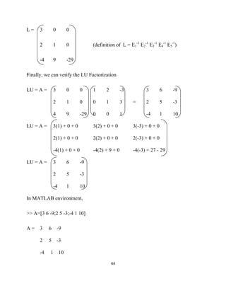 L=    3        0        0

      2        1        0            (definition of L = E1-1 E2-1 E3-1 E4-1 E5-1)

      -4       9        -29

Finally, we can verify the LU Factorization

LU = A =       3        0      0     1      2         -3         3         6   -9

               2        1      0     0      1         3    =     2         5   -3

               4        9      -29   0      0         1          -4        1   10

LU = A =       3(1) + 0 + 0          3(2) + 0 + 0          3(-3) + 0 + 0

               2(1) + 0 + 0          2(2) + 0 + 0          2(-3) + 0 + 0

               -4(1) + 0 + 0         -4(2) + 9 + 0         -4(-3) + 27 - 29

LU = A =       3        6      -9

               2        5      -3

               -4       1      10

In MATLAB environment,

>> A=[3 6 -9;2 5 -3;-4 1 10]

A=    3    6 -9

      2    5       -3

      -4   1 10

                                                44 

 
 