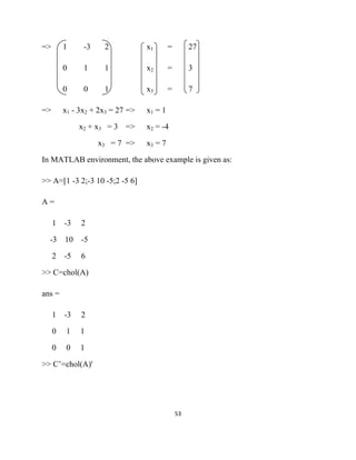 =>       1     -3    2            x1       =         27

         0     1     1            x2       =         3

         0     0     1            x3       =         7

=>       x1 - 3x2 + 2x3 = 27 =>   x1 = 1

              x2 + x3 = 3 =>      x2 = -4

                    x3 = 7 =>     x3 = 7

In MATLAB environment, the above example is given as:

>> A=[1 -3 2;-3 10 -5;2 -5 6]

A=

     1   -3   2

    -3 10 -5

     2   -5   6

>> C=chol(A)

ans =

     1   -3   2

     0    1   1

     0    0   1

>> C’=chol(A)'




                                               53 

 
 