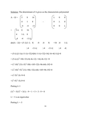 Solution: The determinant of A gives us the characteristic polynomial

A – λI =      5     8       16                                λ     0     0

              4     1       8             -                   0     λ     0

              -4    -4      -11                               0     0     λ

=     5-λ     8     16

      4       1-λ   8

      -4      -4    -11-λ

det(A – λI) = (5–λ) |1–λ 8|          -8   |4         8|       +16   |4    1-λ|

                    |-4     -11-λ|        |-4        -11-λ|         |-4   -4|

= (5-λ) [(1-λ)(-11-λ)+32]-8[4(-11-λ)+32]+16[-16+4(1-λ)]=0

= (5-λ) (λ2+10λ+21)-8(-4λ-12) +16(-4λ-12) =0

=-λ3-10λ2-21λ+5λ2+50λ+105+32λ+96-64λ-192=0

=-λ3-10λ2+5λ2-21λ+50λ+32λ-64λ+105+96-192=0

=-λ3-5λ2-3λ+9=0

=λ3+5λ2+3λ-9=0

Putting λ=1

(1)3 + 5(1)2 + 3(1) – 9 = 1 + 5 + 3 - 9 = 0

λ = 1 is an eigenvalue

Putting λ = -3
                                               61 

 
 