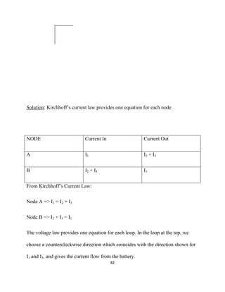 Solution: Kirchhoff’s current law provides one equation for each node




NODE                         Current In                   Current Out


A                            I1                           I2 + I3


B                            I2 + I3                      I1


From Kirchhoff’s Current Law:


Node A => I1 = I2 + I3


Node B => I2 + I3 = I1


The voltage law provides one equation for each loop. In the loop at the top, we

choose a counterclockwise direction which coincides with the direction shown for

I1 and I3, and gives the current flow from the battery.
                                          82 

 
 