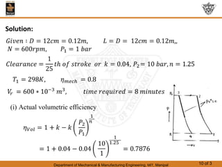 Department of Mechanical & Manufacturing Engineering, MIT, Manipal 10 of 3
Solution:
(i) Actual volumetric efficiency
 