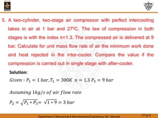 Department of Mechanical & Manufacturing Engineering, MIT, Manipal 17 of 3
5. A two-cylinder, two-stage air compressor with perfect intercooling
takes in air at 1 bar and 270C. The law of compression in both
stages is with the index n=1.3. The compressed air is delivered at 9
bar. Calculate for unit mass flow rate of air the minimum work done
and heat rejected in the inter-cooler. Compare the value if the
compression is carried out in single stage with after-cooler.
Solution:
 