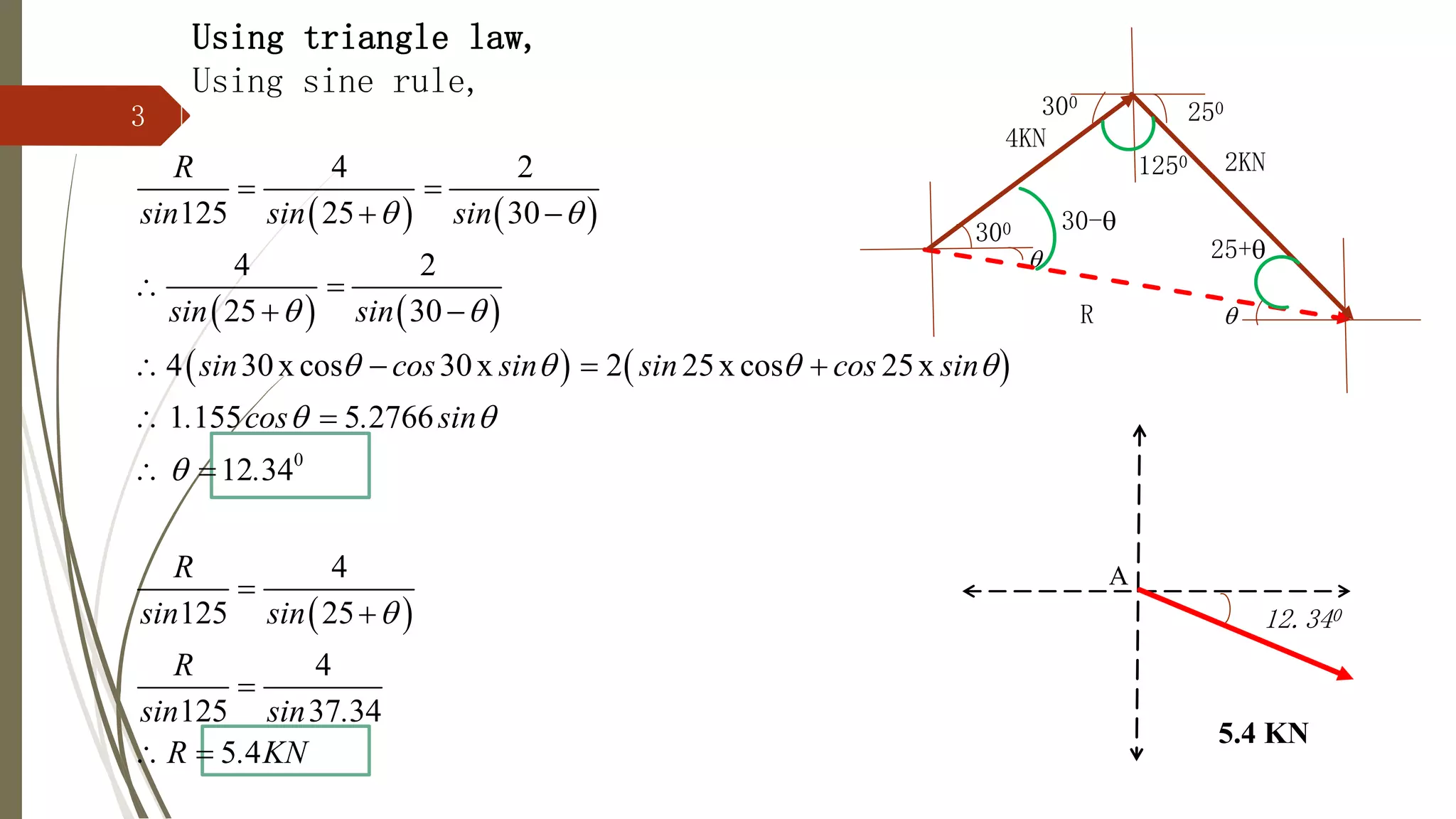 3
Using triangle law,
Using sine rule,
   
   
   
 
0
4 2
125 25 30
4 2
25 30
4 30x cos 30x 2 25x cos 25x
1 155 5 2766
12 34
4
125 25
4
125 37 34
5 4
R
sin sin sin
sin sin
sin cos sin sin cos sin
. cos . sin
.
R
sin sin
R
sin sin .
R . KN
 
 
   
 


 
 
 
 
   
 
 



 
300


4KN
2KN
R
300
250
1250
25+
30-
12.340
A
5.4 KN
 