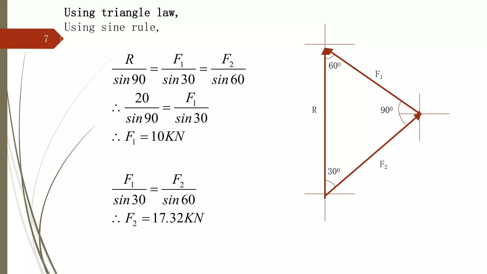 7
Using triangle law,
Using sine rule,
1 2
1
1
1 2
2
90 30 60
20
90 30
10
30 60
17 32
F F
R
sin sin sin
F
sin sin
F KN
F F
sin sin
F . KN
 
 
 

 
R
F1
F2
900
600
300
 