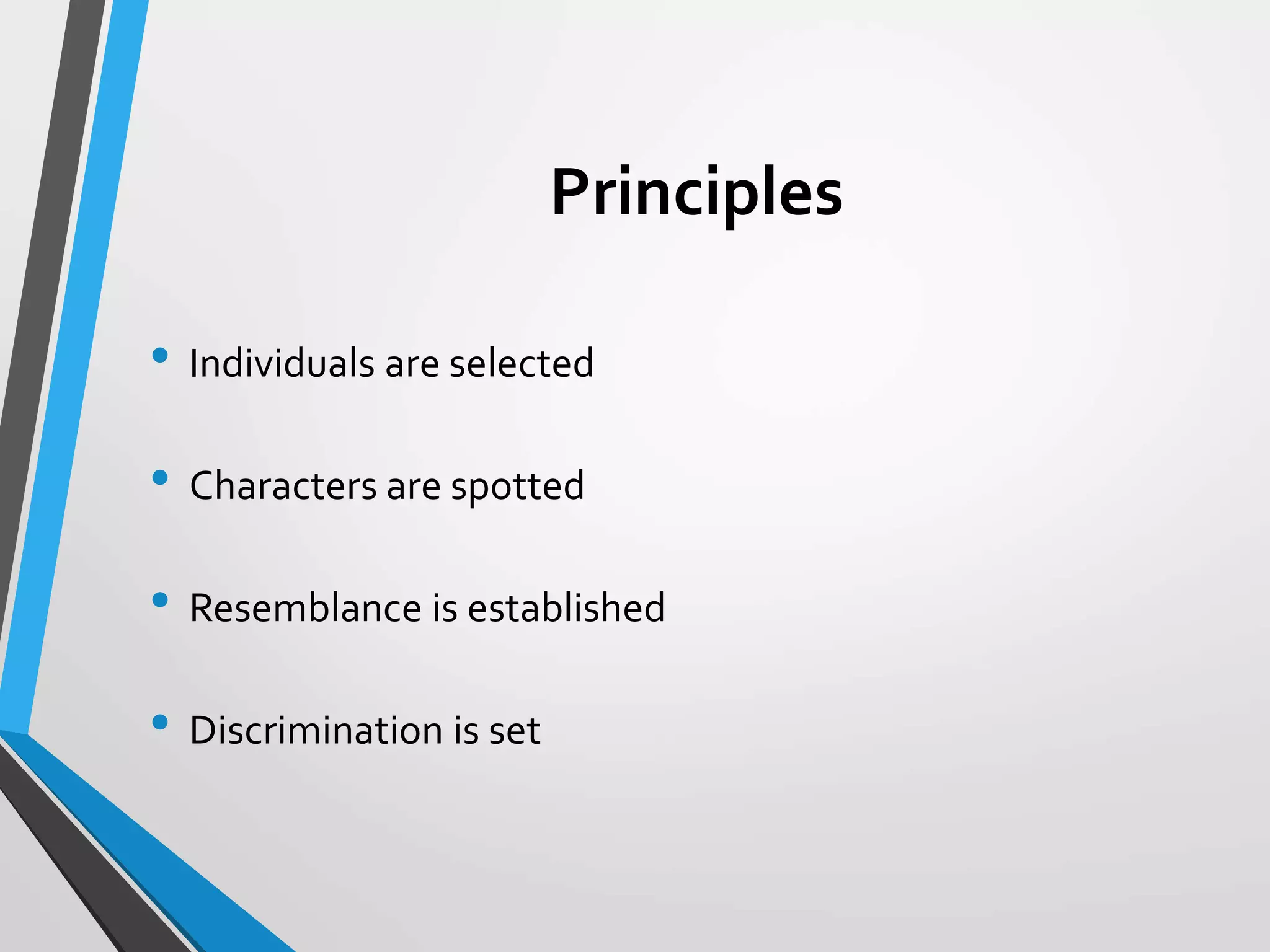 Principles
• Individuals are selected
• Characters are spotted
• Resemblance is established
• Discrimination is set
 