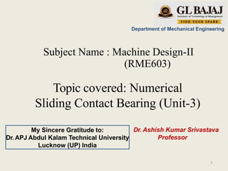 Department of Mechanical Engineering
Subject Name : Machine Design-II
(RME603)
Topic covered: Numerical
Sliding Contact Bearing (Unit-3)
Dr. Ashish Kumar Srivastava
Professor
My Sincere Gratitude to:
Dr. APJ Abdul Kalam Technical University
Lucknow (UP) India
1
 