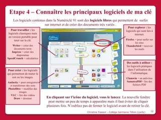 Etape 4 – Connaître les principaux logiciels de ma clé
     Les logiciels contenus dans la Numériclé 91 sont des logiciels libres qui permettent de surfer
                           sur internet et de créer des documents très variés .
                                                                                                Pour explorer : les
   Pour travailler : les                                                                      logiciels qui sont liés à
 logiciels classiques mais                                                                            internet.
 en version portable pour
      tenir sur la clé.                                                                       Firefox = pour surfer sur
                                                                                                       les sites
    Writer = créer des                                                                        Thunderbird = recevoir
     documents texte                                                                                  les mails
   Impress = créer des
       diaporamas
SpeedCrunch = calculatrice
                                                                                               Des outils à utiliser :
                                                                                               les logiciels pratiques
 Pour créer : les logiciels                                                                     dans l’utilisation de
qui permettent de traiter le                                                                       l’informatique.
    son ou les images.                                                                         Clamwin = un antivirus
Audacity = pour enregistrer                                                                    SumatraPDF= lire des
  et transformer des sons                                                                          fichiers PDF
Photofiltre = modifier des
           images
  VLC = lire des vidéos
      Draw = dessiner          En cliquant sur l’icône du logiciel, vous le lancez. La nouvelle fenêtre
                                peut mettre un peu de temps à apparaître mais il faut éviter de cliquer
                               plusieurs fois. N’oubliez pas de fermer le logiciel avant de retirer la clé.
                                                            Christine Fiasson - Collège Germaine Tillion (Lardy)    12
 
