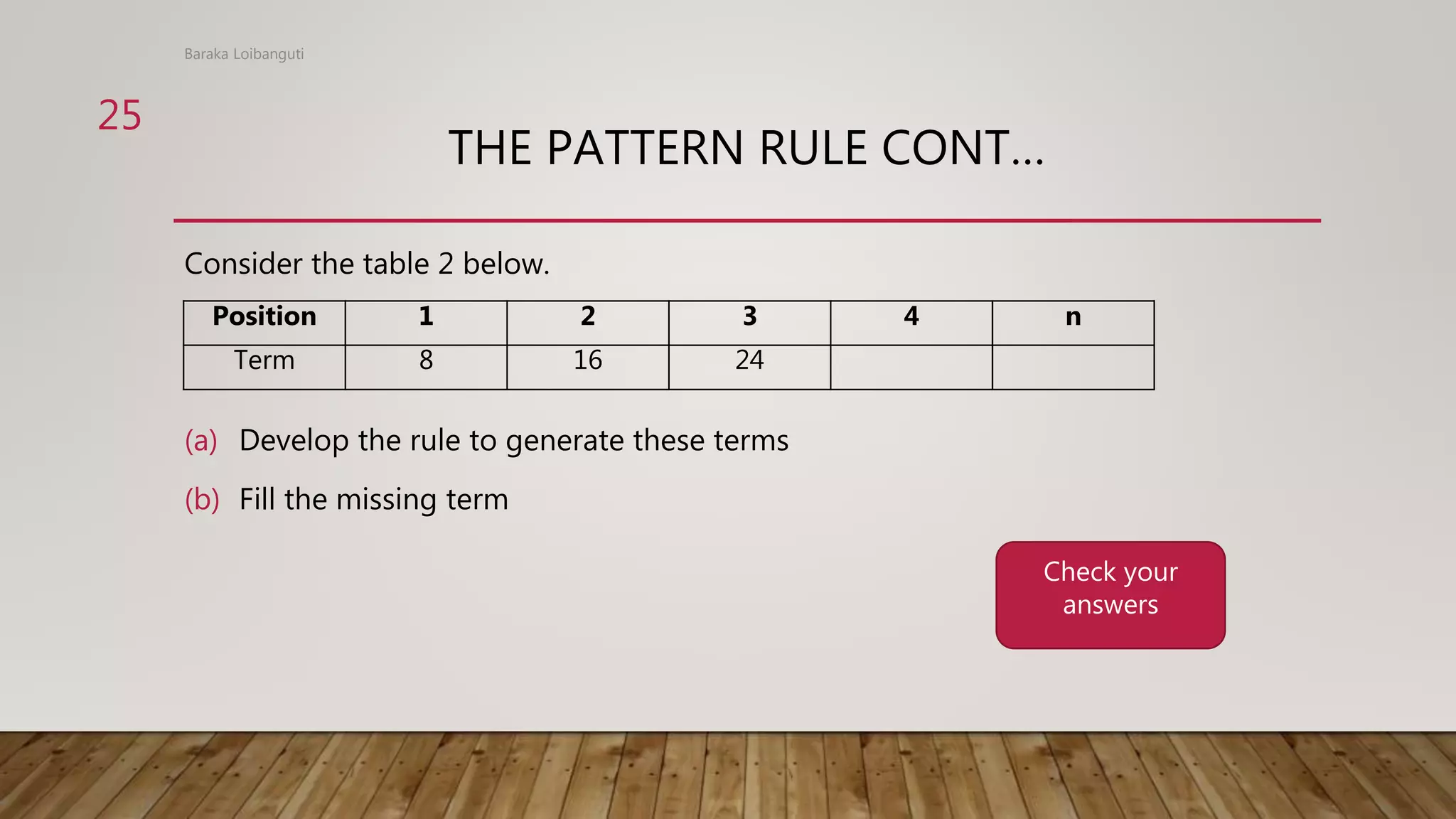 THE PATTERN RULE CONT…
Consider the table 2 below.
(a) Develop the rule to generate these terms
(b) Fill the missing term
Baraka Loibanguti
25
Position 1 2 3 4 n
Term 8 16 24
Check your
answers
 