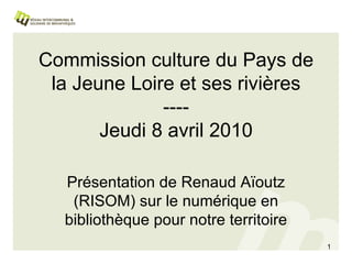 Commission culture du Pays de la Jeune Loire et ses rivières ---- Jeudi 8 avril 2010 Présentation de Renaud Aïoutz (RISOM) sur le numérique en bibliothèque à l’attention des élus, dans le but d’ouvrir à une réflexion sur l’opportunité de subventions pour les projets entrant dans ce cadre sur notre territoire. 