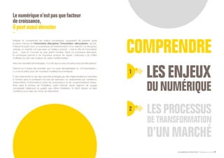 LE NUMÉRIQUE DÉROUTANT Bpifrance Le Lab 27
Lenumériquen’estpasquefacteur
decroissance,
ilpeutaussi dérouter
Intégrer et comprendre les enjeux numériques, supposent de prendre aussi
la pleine mesure de l’innovation disruptive, l’innovation « déroutante » qui est,
d’abord et avant tout, un processus de transformation d’un marché. La disruption
change un marché non pas avec un meilleur produit - c’est le rôle de l’innovation
pure -, mais en l’ouvrant au plus grand nombre. Dans ce processus déroutant,
le numérique permet à de nouveaux acteurs de capter (« dérouter ») du chiffre
d’affaires au sein des chaînes de valeur traditionnelles.
Avec les nouvelles technologies, il y a de plus en plus de place pour les disrupteurs.
Partout où il existe des activités que l’on peut dématérialiser et « ré-intermédier »,
il y a de la place pour de nouveaux modèles économiques.
C’est notamment le cas des marchés protégés par des réglementations ( barrières
à l’entrée dans la profession de taxi par exemple ) ou caractérisés par l’existence
d’asymétries d’informations entre les producteurs et les consommateurs finaux.
Ainsi dans le secteur de l’hôtellerie, avant internet, seule l’agence de voyage
connaissait réellement la qualité des offres hôtelières, le client devant lui faire
confiance pour faire son choix de réservation.
1
2
 