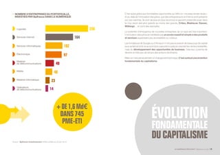 LE NUMÉRIQUE DÉROUTANT Bpifrance Le Lab 29
•	 NOMBRED’ENTREPRISESDUPORTEFEUILLE,
INVESTIESPARBpifranceDANSLENUMÉRIQUE
Matériel
de télécommunications
Média
Matériel informatique
Opérateurs
de télécommunications
Électronique
Logiciels
Services informatiques
Services internet
256
164
102
97
49
40
23
14
Source : Bpifrance investissement chiffres arrêtés au 30 juin 2014.
C’est aussi grâce aux formidables opportunités qu’offre ce « nouveau terrain de jeu »
et au-delà de l’innovation disruptive, que des entrepreneurs en France sont présents
sur ces marchés. Ils sont de plus en plus reconnus et peuvent prétendre jouer dans
la cour sinon des plus grands au moins des grands, Criteo, Blablacar, Deezer,
Withings… en sont des exemples.
Le potentiel d’émergence de nouvelles entreprises de ce type est très important.
L’innovation disruptive se manifeste par un accès massif et simple à des produits
et services auparavant peu accessibles ou coûteux
Les fondateurs de Google ou d’Amazon n’ont pas eu besoin de beaucoup de capital
pour se lancer et ils ne se sont donc pas préoccupés en premier lieu de leur rentabilité,
mais du développement des opportunités de business. Cela leur a permis de
devenir en très peu de temps des acteurs dominants.
Maiscen’estpasseulementunchangementtechnique.C’estsurtoutuneévolution
fondamentale du capitalisme.
 