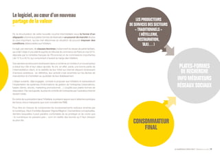 LE NUMÉRIQUE DÉROUTANT Bpifrance Le Lab 37
LES PRODUCTEURS
DESERVICES DES SECTEURS
« TRADITIONNELS »
( HÔTELLERIE,
RESTAURATION,
TAXI… )
PLATES-FORMES
DERECHERCHE
INFOMÉDIATEURS
RÉSEAUXSOCIAUX
CONSOMMATEUR
FINAL
Lelogiciel,aucœurd’unnouveau
partagede la valeur
Or, la structuration de cette nouvelle couche intermédiaire sous la forme d’un
oligopole a donné aux plates-formes de réservation un pouvoir de marché de plus
en plus important, qui les met désormais en situation de pouvoir imposer des
conditions défavorables aux hôteliers.
Il s’agit, par exemple, de clauses léonines ( notamment la clause de parité tarifaire,
qui a fait l’objet d’une plainte auprès du tribunal de commerce de Paris en mai 2014,
déposée par le ministère français de l’Économie ) et de commissions importantes
( de 15 % à 30 % ) qui compriment d’autant la marge des hôteliers.
Ces derniers se retrouvent dorénavant dans un schéma où l’entrée d’un nouvel acteur
a réduit leur rôle et leur valeur ajoutée. Ils ont, en effet, perdu une bonne partie de
l’intermédiation-client, et la visibilité de leur hôtel sur internet dépend dorénavant
d’acteurs extérieurs : en définitive, leur activité s’est recentrée sur les tâches de
manutention et d’entretien au quotidien de leur établissement.
L’étape suivante, déjà engagée, consiste à proposer aux hôteliers et restaurateurs
l’implantation de systèmes d’informations de gestion de l’entreprise ( réservations,
bases clients, stocks, marketing promotionnel… ) couplés aux plates-formes de
réservation.Parceslogiciels,laprisedecontrôledel’entrepriseparl’opérateurinternet
devient totale.
Enmiroirdeceprécédentdansl’hôtellerie,leprésentrapportveuts’attacheràanticiper
les futurs chocs marquants que vont connaître les PME.
Pour être en mesure de comprendre les bouleversements radicaux amenés par
le numérique, il faut d’emblée dépasser 3 lignes Maginot. Ces barrières conceptuelles,
derrière lesquelles il peut paraître confortable de se protéger et de croire que
« le numérique ne passera pas », sont en réalité des leurres qu’il faut dissiper
au plus vite.
 