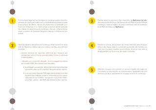 LE NUMÉRIQUE DÉROUTANT Bpifrance Le Lab 11
1 3
5
2 4
Communiquer largement sur les enjeux du numérique auprès des entre-
preneurs,en s’appuyant notamment sur les fédérations professionnelles
et les acteurs des filières : facteur de productivité considérable pour
toutes les entreprises et en même temps source de refonte profonde
des chaînes de valeur lorsque le numérique « déroute ». Chacun doit se
poser la question de possibles disruptions liées au numérique sur son
activité.
Prendre appui ou proposer à des universités, via Bpifrance Le Lab,
des unités de recherche sur des thèmes liés aux PME et à la technologie
numérique ( mises en relation de jeunes chercheurs dans le numérique
et de PME identifiées par Bpifrance ).
Défendre, lorsque c’est pertinent en termes d’égalité des règles de
concurrence ou de protection du consommateur, l’application de notre
droit face aux abus caractérisés de nouveaux acteurs du numérique.
Prendre en compte, dès à présent, au niveau national et des principaux
acteurs des enjeux majeurs concernant la propriété des données, au
cœur des nouveaux modèles économiques, et encore plus avec le
développement de l’économie des objets connectés.
Face à la puissance des acteurs du numérique ( venant souvent de l’autre
côté de l’Atlantique ) déjà en place sur certains marchés, deux attitudes
possibles :
•	 susciter, favoriser les réponses collectives aux menaces que
représentent aujourd’hui les grandes plates-formes numériques
d’intermédiation ;
•	 « disrupter pour ne pas être disrupté », en encourageant la création
de nouvelles PME, déroutantes mais françaises :
•	 enprivilégiant,parexemple,danslefinancementdesentreprises
innovantes celles qui ont une vision disruptive de leur marché ;
•	 ou en permettant dans les PME déjà matures de faire venir des
étudiants des meilleures écoles ou universités pour leur laisser
carte blanche sur le thème « réorganisez-nous notre métier »
( pour faire « pivoter » des PME déjà établies sur leur marché ).
 