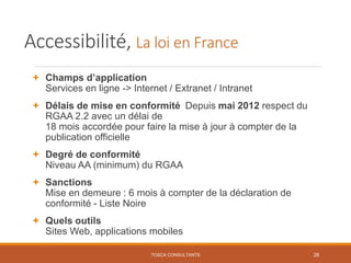 Champs d’application
Services en ligne -> Internet / Extranet / Intranet
 Délais de mise en conformité Depuis mai 2012 ...