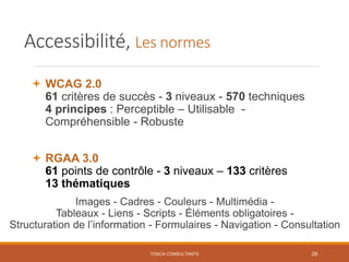  WCAG 2.0
61 critères de succès - 3 niveaux - 570 techniques
4 principes : Perceptible – Utilisable -
Compréhensible - R...