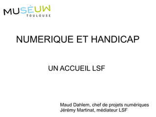 UN ACCUEIL LSF
NUMERIQUE ET HANDICAP
Maud Dahlem, chef de projets numériques
Jérémy Martinat, médiateur LSF
 
