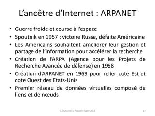 L’ancêtre d’Internet : ARPANET
17
• Guerre froide et course à l’espace
• Spoutnik en 1957 : victoire Russe, défaite Améric...