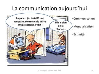 La communication aujourd’hui
C. Dussarps D.Paquelin Agen 2011 25
• Communication
• Mondialisation
• Extimité
Pupuce… j’ai ...