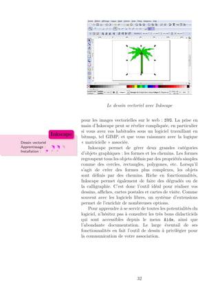 Le dessin vectoriel avec Inkscape
pour les images vectorielles sur le web : SVG. La prise en
main d’Inkscape peut se révéler compliquée, en particulier
si vous avez vos habitudes sous un logiciel travaillant en
bitmap, tel GIMP, et que vous raisonnez avec la logique
« matricielle » associée.Dessin vectoriel
Apprentissage :
Installation :
Inkscape
Inkscape permet de gérer deux grandes catégories
d’objets graphiques : les formes et les chemins. Les formes
regroupent tous les objets déﬁnis par des propriétés simples
comme des cercles, rectangles, polygones, etc. Lorsqu’il
s’agit de créer des formes plus complexes, les objets
sont déﬁnis par des chemins. Riche en fonctionnalités,
Inkscape permet également de faire des dégradés ou de
la calligraphie. C’est donc l’outil idéal pour réaliser vos
dessins, aﬃches, cartes postales et cartes de visite. Comme
souvent avec les logiciels libres, un système d’extensions
permet de l’enrichir de nombreuses options.
Pour apprendre à se servir de toutes les potentialités du
logiciel, n’hésitez pas à consulter les très bons didacticiels
qui sont accessibles depuis le menu Aide, ainsi que
l’abondante documentation. Le large éventail de ses
fonctionnalités en fait l’outil de dessin à privilégier pour
la communication de votre association.
32
 