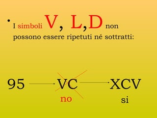•

I simboli

V, L,D

non

possono essere ripetuti né sottratti:

95

VC

XCV

no

si

 
