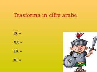 Trasforma in cifre arabe
IX =
XX =
LX =
XI =

 