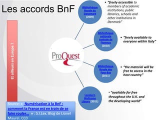 Les accords BnFEtailleursenEurope?
Bibliothèque
Royale du
Danemark
(2009)
• ”freely accessible to
members of academic
institutions, public
libraries, schools and
other institutions in
Denmark”
Bibliothèque
nationale
centrale de
Florence
(2010)
• “freely available to
everyone within Italy”
Bibliothèque
Royale des
Pays-Bas
(2011)
• “the material will be
free to access in the
host country”
London’s
Wellcome
Library (2011)
Source: « Numérisation à la BnF :
comment la France est en train de se
faire rouler… » . S.I.Lex. Blog de Lionel
Maurel. CC0
• “available for free
throughout the U.K. and
the developing world”
 