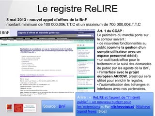 Le registre ReLIRE
Art. 1 du CCAP :
Le périmètre du marché porte sur
le contour suivant :
• de nouvelles fonctionnalités au
public (comme la gestion d’un
compte utilisateur avec un
espace personnel dédié),
• un outil back-office pour le
traitement et le suivi des demandes
du public par les agents de la BnF,
• l’interface avec le projet
européen ARROW, projet qui sera
utilisé pour enrichir le registre,
• l'automatisation des échanges et
interfaces avec nos partenaires.
8 mai 2013 : nouvel appel d’offres de la BnF
montant minimum de 100 000,00€.T.T.C et un maximum de 700 000,00€.T.T.C
Source : BnF
A lire : « ReLIRE et l’argent de “l’intérêt
public” – un nouveau budget pour
les ‘extensions ». Par nitchevosquad. Nitchevo
Squad News [Blog]
 