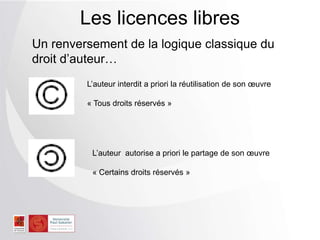 Les licences libres
Un renversement de la logique classique du
droit d’auteur…
L’auteur interdit a priori la réutilisation de son œuvre
« Tous droits réservés »
L’auteur autorise a priori le partage de son œuvre
« Certains droits réservés »
 