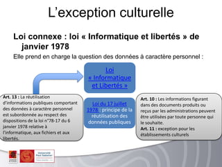 Loi connexe : loi « Informatique et libertés » de
janvier 1978
Elle prend en charge la question des données à caractère personnel :
L’exception culturelle
Loi du 17 juillet
1978 : principe de la
réutilisation des
données publiques
Loi
« Informatique
et Libertés »
Art. 10 : Les informations figurant
dans des documents produits ou
reçus par les administrations peuvent
être utilisées par toute personne qui
le souhaite.
Art. 11 : exception pour les
établissements culturels
Art. 13 : La réutilisation
d'informations publiques comportant
des données à caractère personnel
est subordonnée au respect des
dispositions de la loi n°78-17 du 6
janvier 1978 relative à
l'informatique, aux fichiers et aux
libertés.
 