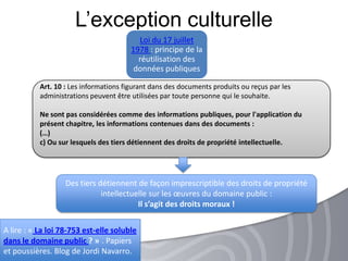 L’exception culturelle
Loi du 17 juillet
1978 : principe de la
réutilisation des
données publiques
Art. 10 : Les informations figurant dans des documents produits ou reçus par les
administrations peuvent être utilisées par toute personne qui le souhaite.
Ne sont pas considérées comme des informations publiques, pour l'application du
présent chapitre, les informations contenues dans des documents :
(…)
c) Ou sur lesquels des tiers détiennent des droits de propriété intellectuelle.
A lire : « La loi 78-753 est-elle soluble
dans le domaine public ? » . Papiers
et poussières. Blog de Jordi Navarro.
Des tiers détiennent de façon imprescriptible des droits de propriété
intellectuelle sur les œuvres du domaine public :
Il s’agit des droits moraux !
 