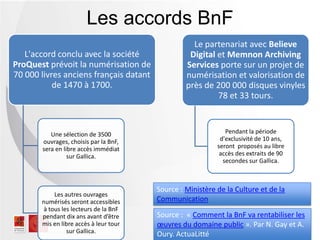Les accords BnF
L'accord conclu avec la société
ProQuest prévoit la numérisation de
70 000 livres anciens français datant
de 1470 à 1700.
Une sélection de 3500
ouvrages, choisis par la
BnF, sera en libre accès
immédiat sur Gallica.
Les autres ouvrages
numérisés seront accessibles
à tous les lecteurs de la BnF
pendant dix ans avant d’être
mis en libre accès à leur tour
sur Gallica.
Le partenariat avec Believe
Digital et Memnon Archiving
Services porte sur un projet de
numérisation et valorisation de
près de 200 000 disques vinyles
78 et 33 tours.
Pendant la période
d'exclusivité de 10
ans, seront proposés au libre
accès des extraits de 90
secondes sur Gallica.
Source : Ministère de la Culture et de la
Communication
Source : « Comment la BnF va rentabiliser les
œuvres du domaine public ». Par N. Gay et A.
Oury. ActuaLitté
 