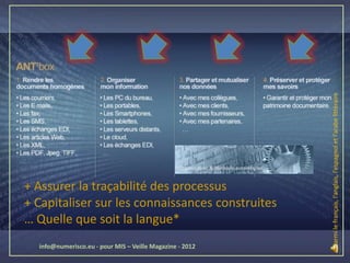 *Parmi le français, l’anglais, l’espagnol et l’arabe littéraire
+ Assurer la traçabilité des processus
+ Capitaliser sur les connaissances construites
… Quelle que soit la langue*
  info@numerisco.eu - pour MIS – Veille Magazine - 2012
 