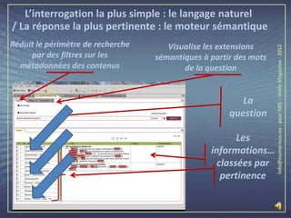 L’interrogation la plus simple : le langage naturel
/ La réponse la plus pertinente : le moteur sémantique
Réduit le périmètre de recherche      Visualise les extensions




                                                                   info@numerisco.eu - pour MIS – Veille Magazine - 2012
     par des filtres sur les       sémantiques à partir des mots
  métadonnées des contenus                de la question


                                                         La
                                                      question

                                                        Les
                                                 informations…
                                                   classées par
                                                    pertinence
 