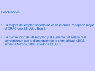 Conclusiónes: La mejora del empleo soportó las crisis internas. Y soportó mejor el CRAC que EE.UU. y Brasil. La disminución del desempleo y el aumento del salario real  correlacionan con la disminución de la criminalidad. (2002: similar a México, 2009: inferior a EE.UU). 