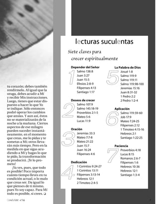 lecturas suculentas
                               Siete claves para
                                 crecer espiritualmente



                               1                         5
                                Depender del Señor       La Palabra de Dios
                                   Salmo 138:8               Josué 1:8
                                   Juan 3:27                 Salmo 119:9
                                   Juan 15:5                 Salmo 119:11
                                   Efesios 2:8-9             Salmo 119:98-100
tu corazón; debes también          Filipenses 4:13           Jeremías 15:16
rendírmelo. Al igual que la
                                   Santiago 1:17             Juan 8:31-32
oruga, debes acudir a Mí
y recibir Mis instrucciones.                                 1 Pedro 2:2




                               2
Luego, tienes que estar dis-    Deseos de crecer             2 Pedro 1:2-4
puesto a hacer lo que Yo           Salmo 107:9




                                                         6
te indique. Sólo entonces          Salmo 145:18-19       Aplicación
podré operar los cambios           Proverbios 2:1-5          Salmo 119:59-60
que ansías. Y aun así, éstos       Mateo 5:6                 Job 17:9
no se materializarán de la         Lucas 11:9                Mateo 7:24-25
noche a la mañana. Ciertos
                                                             Filipenses 2:12
aspectos de ese milagro




                               3
pueden suceder instantá-        Oración                      1 Timoteo 4:15-16
neamente, en el momento            Jeremías 33:3             Hebreos 2:1
que creas, me lo pidas y te        Mateo 7:7-8               Santiago 1:22-25
sometas a Mí; otros lleva-         Mateo 21:22




                                                         7
rán más tiempo. Pero en la         Juan 15:7             Paciencia
medida en que sigas acu-           Juan 16:24                Proverbios 4:18
diendo a Mí y hagas lo que         Filipenses 4:6            Lucas 8:15
te pido, la transformación
                                                             Romanos 2:6-7
se producirá. ¡Te lo pro-




                               4
                                Dedicación                   Filipenses 1:6
meto!
    ¡Ya ves, pues, que todo        1 Corintios 9:24-27       Hebreos 10:36
es posible! Poco importa           1 Corintios 13:11         Hebreos 12:1
cuánto tiempo lleves en tu         Filipenses 3:13-14        Santiago 1:3-4
condición actual, o lo malo        Hebreos 12:1
que creas ser. Da igual lo         2 Timoteo 2:4-5
que pienses de ti mismo,
pues Yo soy capaz. Para Mí
todo es posible, si crees.
 onéctate n°16                                                                   7
 