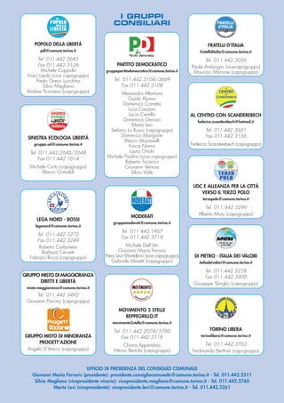 e
PARTITO DEMOCRATICO
gruppopartitodemocratico@comune.torino.it
Tel. 011.442.3104/3669
Fax 011.442.3108
Alessandro Altamura
Guido Alunno
Domenico Carretta
Luca Cassiani
Lucia Centillo
Domenica Genisio
Marta Levi
Stefano Lo Russo (capogruppo)
Domenico Mangone
Marco Muzzarelli
Fosca Nomis
Laura Onofri
Michele Paolino (vice capogruppo)
Roberto Tricarico
Giovanni Ventura
Silvio Viale
TORINO LIBERA
torinolibera@comune.torino.it
Tel. 011.442.3762
Ferdinando Berthier (capogruppo)
AL CENTRO CON SCANDEREBECH
federica.scanderebech@hotmail.it
Tel. 011.442.3651
Fax 011.442.3136
Federica Scanderebech (capogruppo)
MODERATI
gruppomoderati@comune.torino.it
Tel. 011.442.1967
Fax 011.442.3719
Michele Dell’Utri
Giovanni Maria Ferraris
Piera Levi-Montalcini (vice capogruppo)
Gabriele Moretti (capogruppo)
MOVIMENTO 5 STELLE
BEPPEGRILLO.IT
movimento5stelle@comune.torino.it
Tel. 011.442.2074/5760
Fax 011.442.3118
Chiara Appendino
Vittorio Bertola (capogruppo)
LEGA NORD - BOSSI
leganord@comune.torino.it
Tel. 011.442.3272
Fax 011.442.3249
Roberto Carbonero
Barbara Cervetti
Fabrizio Ricca (capogruppo)
GRUPPO MISTO DI MAGGIORANZA
DIRITTI E LIBERTÀ
misto-maggioranza@comune.torino.it
Tel. 011.442.3492
Giovanni Porcino (capogruppo)
GRUPPO MISTO DI MINORANZA
PROGETT’AZIONE
Angelo D’Amico (capogruppo)
POPOLO DELLA LIBERTÀ
pdl@comune.torino.it
Tel. 011.442.2685
Fax 011.442.3126
Michele Coppola
Enzo Liardo (vice capogruppo)
Paolo Greco Lucchina
Silvio Magliano
Andrea Tronzano (capogruppo)
UFFICIO DI PRESIDENZA DEL CONSIGLIO COMUNALE
Giovanni Maria Ferraris (presidente): presidente.consigliocomunale@comune.torino.it - Tel. 011.442.2511
Silvio Magliano (vicepresidente vicario): vicepresidente.magliano@comune.torino.it - Tel. 011.442.2760
Marta Levi (vicepresidente): vicepresidente.levi@comune.torino.it - Tel. 011.442.3261
SINISTRA ECOLOGIA LIBERTÀ
gruppo.sel@comune.torino.it
Tel. 011.442.2646/2648
Fax 011.442.1614
Michele Curto (capogruppo)
Marco Grimaldi
FRATELLI D’ITALIA
fratelliditalia@comune.torino.it
Tel. 011.442.3056
Paola Ambrogio (vicecapogruppo)
Maurizio Marrone (capogruppo)
I GRUPPI
CONSILIARI
DI PIETRO - ITALIA DEI VALORI
italiadeivalori@comune.torino.it
Tel. 011.442.3258
Fax 011.442.3490
Giuseppe Sbriglio (capogruppo)
UDC E ALLEANZA PER LA CITTÀ
VERSO IL TERZO POLO
terzopolo@comune.torino.it
Tel. 011.442.3299
Alberto Musy (capogruppo)
 