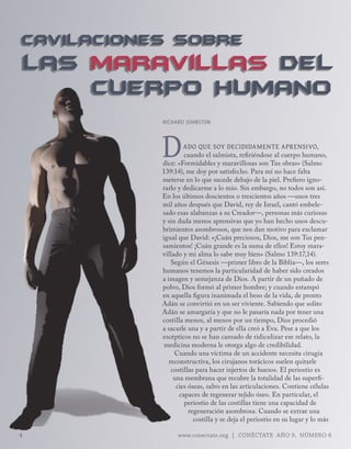 CAVILACIONES SOBRE
    Las maRavillas del
        CUERPO HUMANO
               RICHARD JoHNSToN




               d        ado qUe soy decididaMente aprensivo,
                        cuando el salmista, refiriéndose al cuerpo humano,
               dice: «Formidables y maravillosas son Tus obras» (Salmo
               139:14), me doy por satisfecho. Para mí no hace falta
               meterse en lo que sucede debajo de la piel. Prefiero igno-
               rarlo y dedicarme a lo mío. Sin embargo, no todos son así.
               En los últimos doscientos o trescientos años —unos tres
               mil años después que David, rey de Israel, cantó embele-
               sado esas alabanzas a su Creador—, personas más curiosas
               y sin duda menos aprensivas que yo han hecho unos descu-
               brimientos asombrosos, que nos dan motivo para exclamar
               igual que David: «¡Cuán preciosos, Dios, me son Tus pen-
               samientos! ¡Cuán grande es la suma de ellos! Estoy mara-
               villado y mi alma lo sabe muy bien» (Salmo 139:17,14).
                   Según el Génesis —primer libro de la Biblia—, los seres
               humanos tenemos la particularidad de haber sido creados
               a imagen y semejanza de Dios. A partir de un puñado de
               polvo, Dios formó al primer hombre; y cuando estampó
               en aquella figura inanimada el beso de la vida, de pronto
               Adán se convirtió en un ser viviente. Sabiendo que solito
               Adán se amargaría y que no le pasaría nada por tener una
               costilla menos, al menos por un tiempo, Dios procedió
               a sacarle una y a partir de ella creó a Eva. Pese a que los
               escépticos no se han cansado de ridiculizar ese relato, la
                medicina moderna le otorga algo de credibilidad.
                    Cuando una víctima de un accidente necesita cirugía
                  reconstructiva, los cirujanos torácicos suelen quitarle
                   costillas para hacer injertos de huesos. El periostio es
                    una membrana que recubre la totalidad de las superfi-
                     cies óseas, salvo en las articulaciones. Contiene células
                      capaces de regenerar tejido óseo. En particular, el
                        periostio de las costillas tiene una capacidad de
                          regeneración asombrosa. Cuando se extrae una
                            costilla y se deja el periostio en su lugar y lo más

4                    www.conectate.org | CONÉCTATE AÑO 9, NÚMERO 6
 