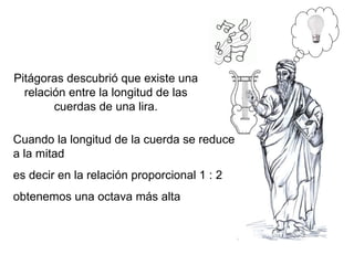 Pitágoras descubrió que existe una relación   entre la longitud de las cuerdas de una lira. Cuando la longitud de la cuerda se reduce a a la mitad es decir en la relación proporcional 1 : 2  obtenemos una octava más alta 